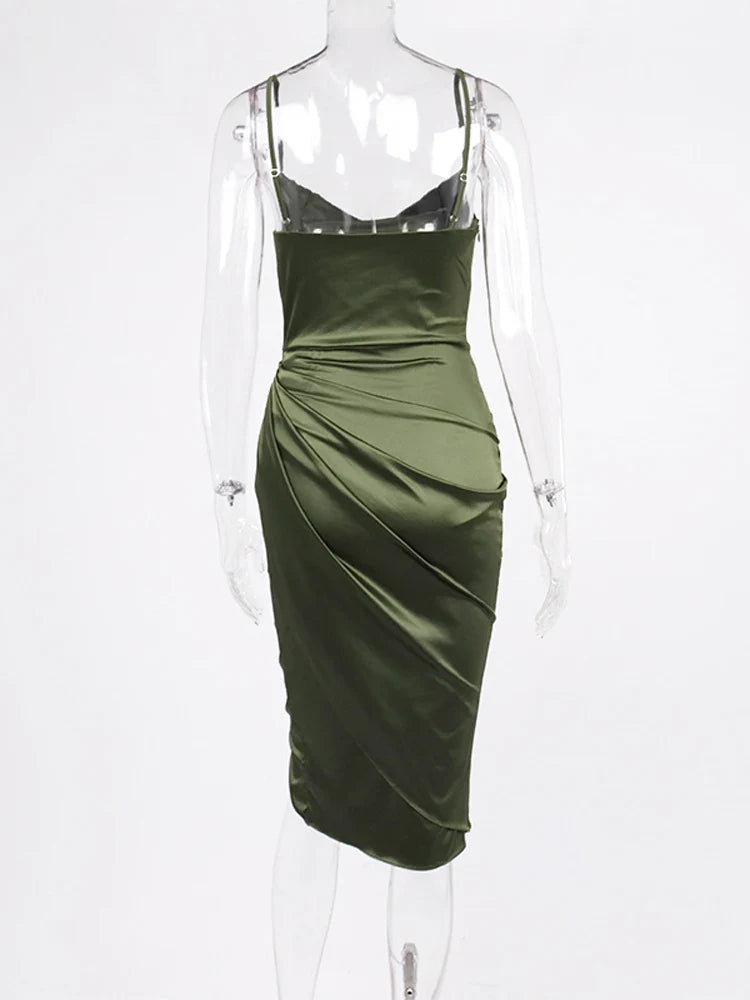 Elegant Satin Party Dress with Split Spaghetti Straps Ruching and High Waist Design for Women