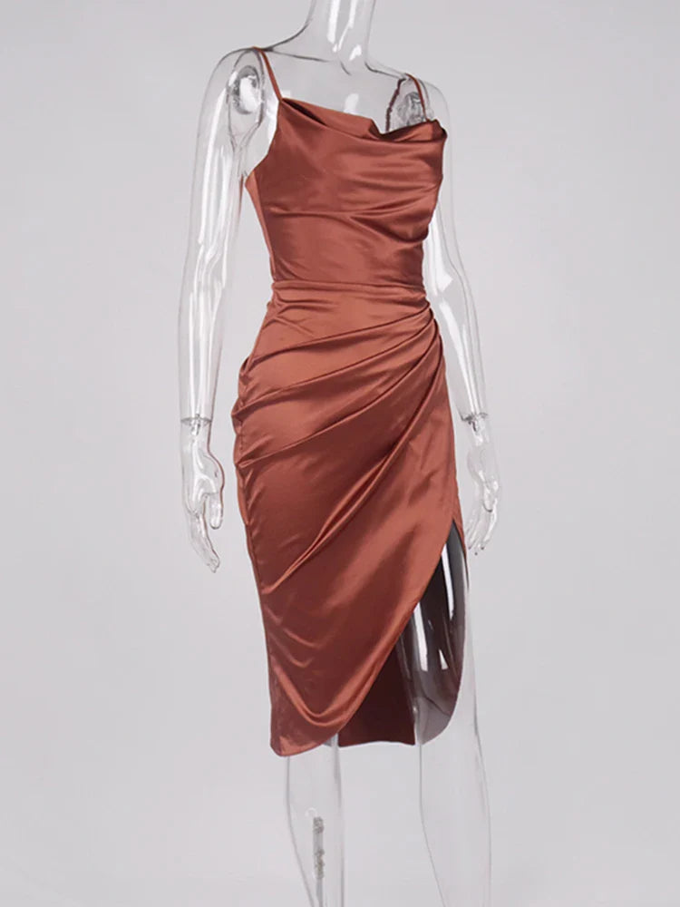 Elegant Satin Party Dress with Split Spaghetti Straps Ruching and High Waist Design for Women