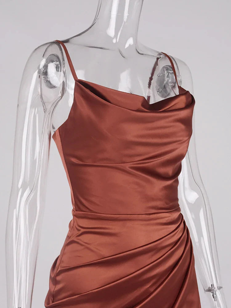 Elegant Satin Party Dress with Split Spaghetti Straps Ruching and High Waist Design for Women