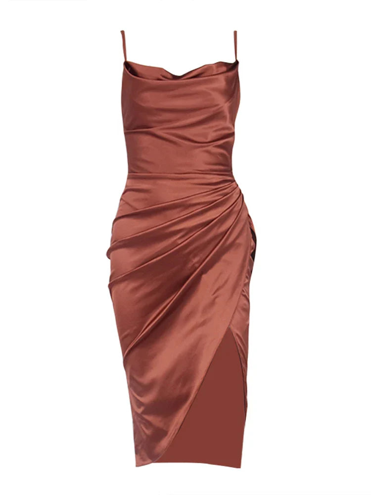 Elegant Satin Party Dress with Split Spaghetti Straps Ruching and High Waist Design for Women