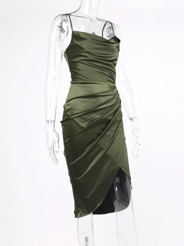 Elegant Satin Party Dress with Split Spaghetti Straps Ruching and High Waist Design for Women