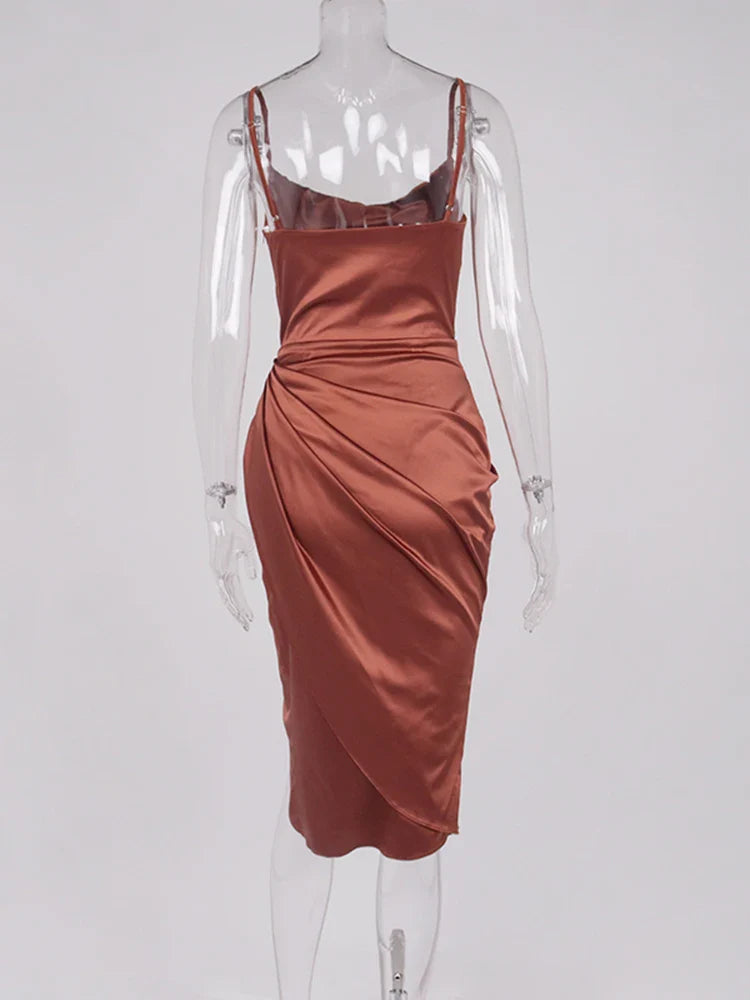 Elegant Satin Party Dress with Split Spaghetti Straps Ruching and High Waist Design for Women
