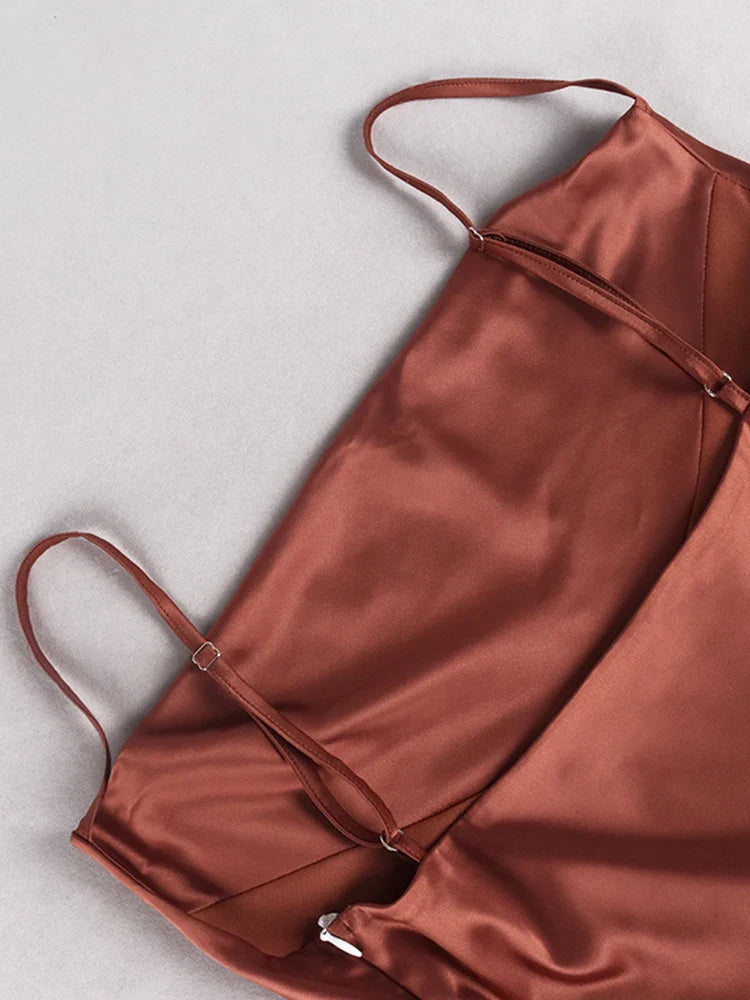 Elegant Satin Party Dress with Split Spaghetti Straps Ruching and High Waist Design for Women