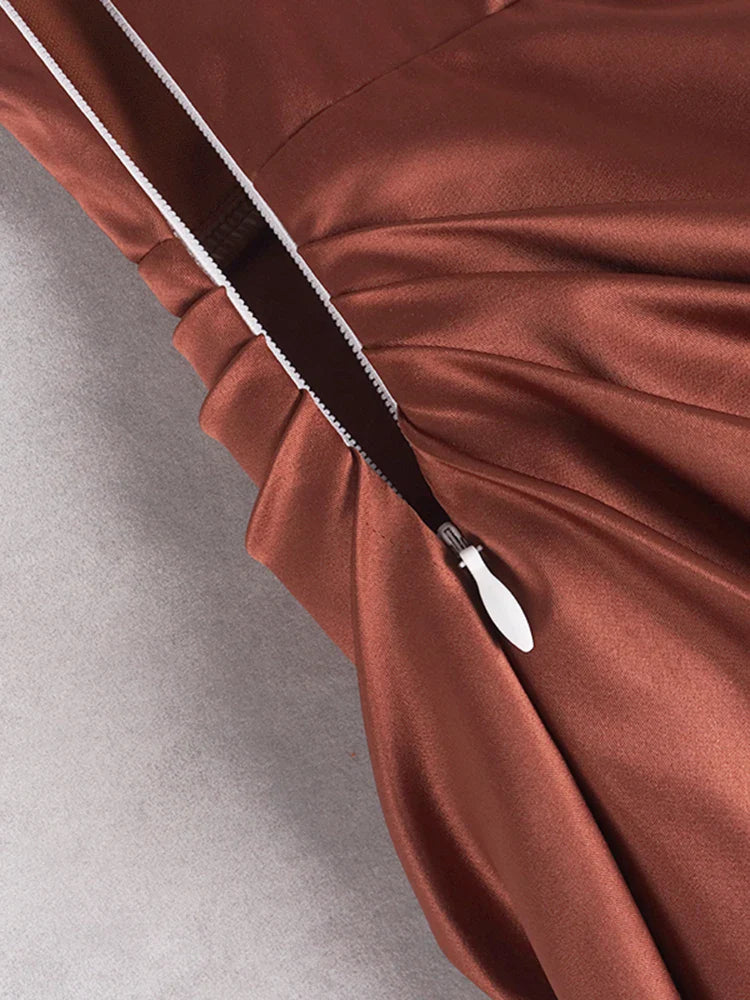 Elegant Satin Party Dress with Split Spaghetti Straps Ruching and High Waist Design for Women