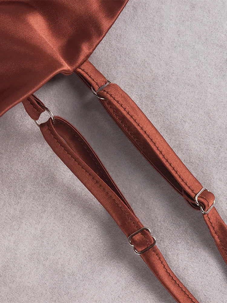 Elegant Satin Party Dress with Split Spaghetti Straps Ruching and High Waist Design for Women