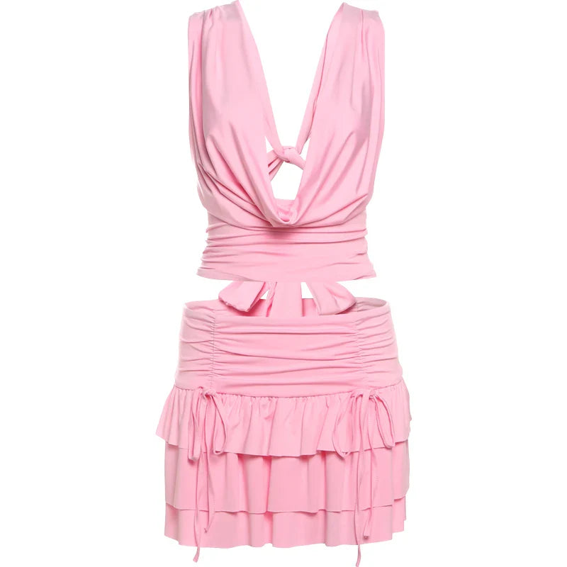 Women's Sexy 2 Piece Set Halter Swing Collar Tank Top with Tiered Skirt Matching Beach Party Vacation Outfit Elegant Clubwear