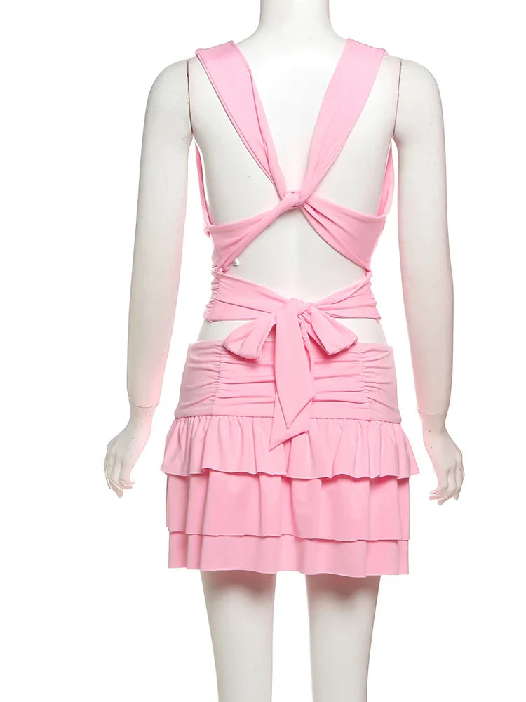 Women's Sexy 2 Piece Set Halter Swing Collar Tank Top with Tiered Skirt Matching Beach Party Vacation Outfit Elegant Clubwear