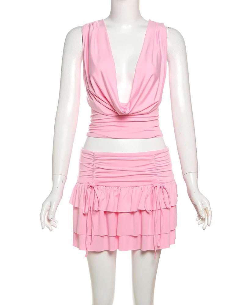 Women's Sexy 2 Piece Set Halter Swing Collar Tank Top with Tiered Skirt Matching Beach Party Vacation Outfit Elegant Clubwear