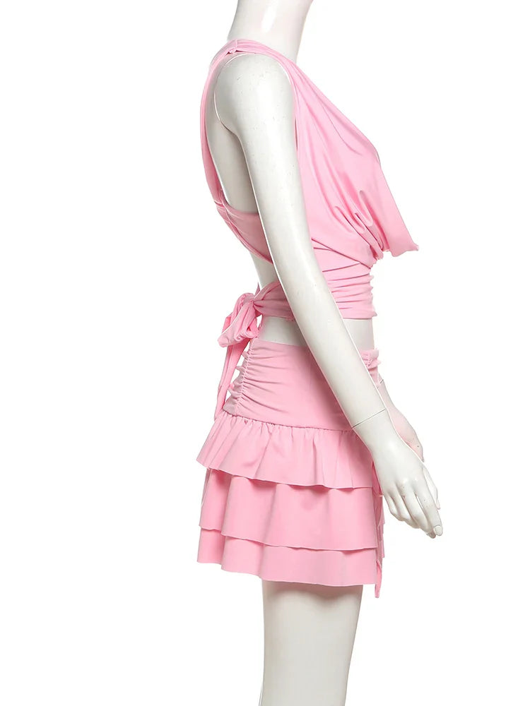 Women's Sexy 2 Piece Set Halter Swing Collar Tank Top with Tiered Skirt Matching Beach Party Vacation Outfit Elegant Clubwear