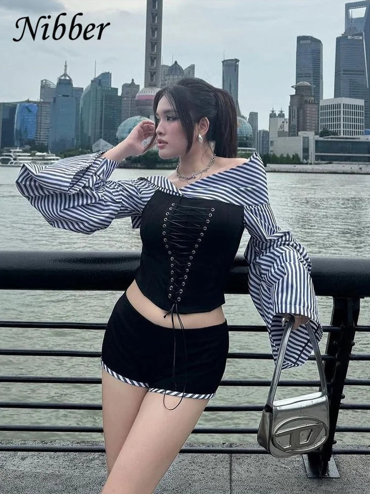Women's Off-Shoulder Lace-Up Stripe Long Sleeve Crop Top and Shorts Two-Piece Streetwear Set with Patchwork Design