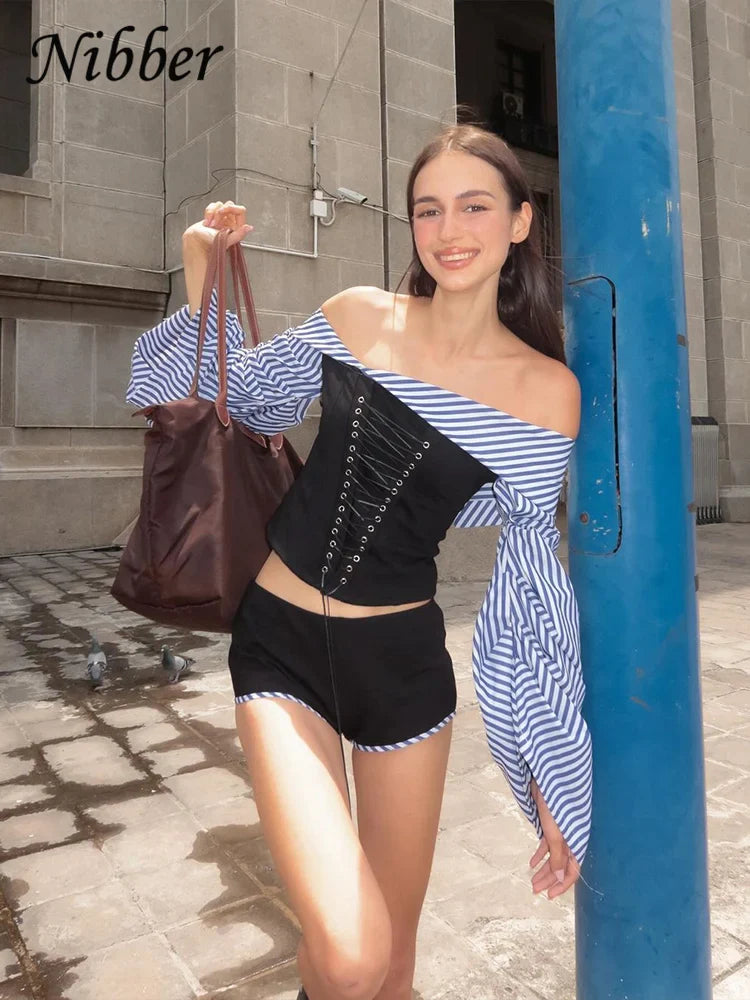 Women's Off-Shoulder Lace-Up Stripe Long Sleeve Crop Top and Shorts Two-Piece Streetwear Set with Patchwork Design