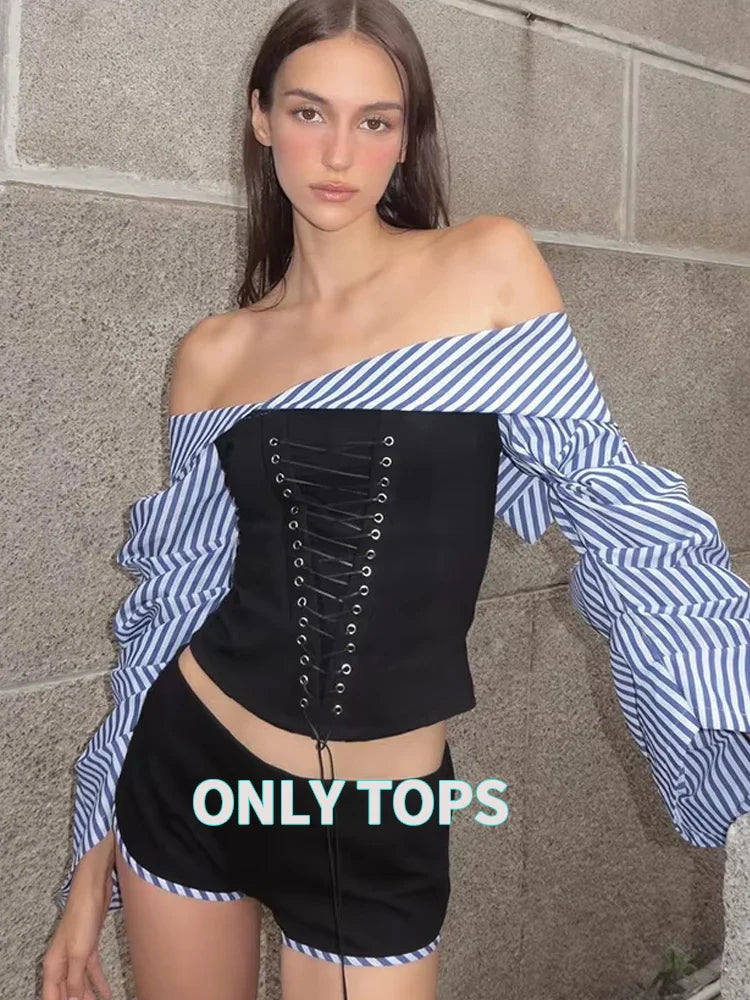 Women's Off-Shoulder Lace-Up Stripe Long Sleeve Crop Top and Shorts Two-Piece Streetwear Set with Patchwork Design