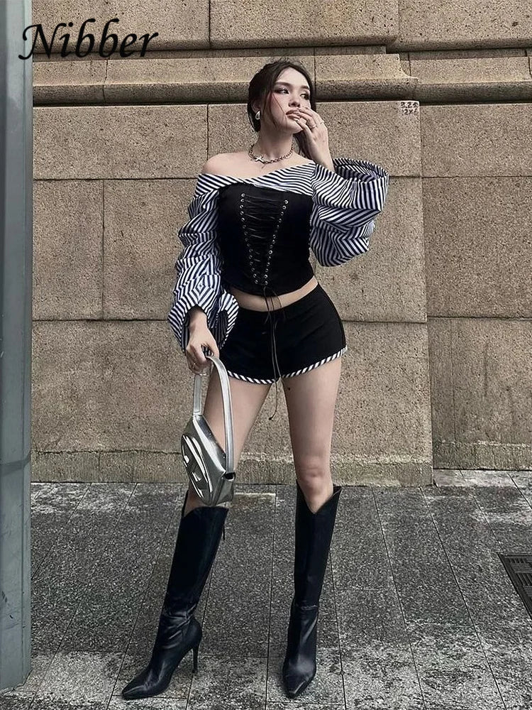 Women's Off-Shoulder Lace-Up Stripe Long Sleeve Crop Top and Shorts Two-Piece Streetwear Set with Patchwork Design