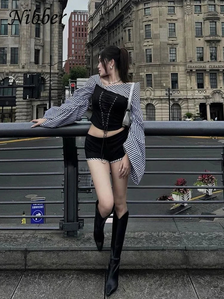 Women's Off-Shoulder Lace-Up Stripe Long Sleeve Crop Top and Shorts Two-Piece Streetwear Set with Patchwork Design