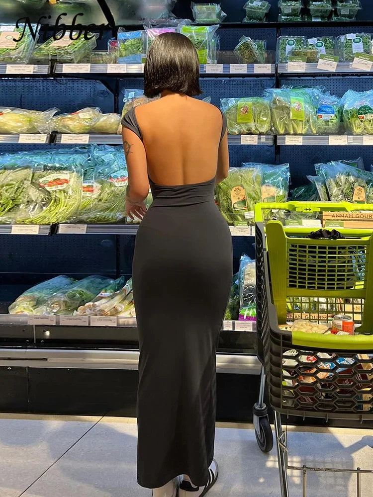 Elegant Solid Black Backless Maxi Dress for Women with Slim Fit Short Sleeves and Bodycon Style