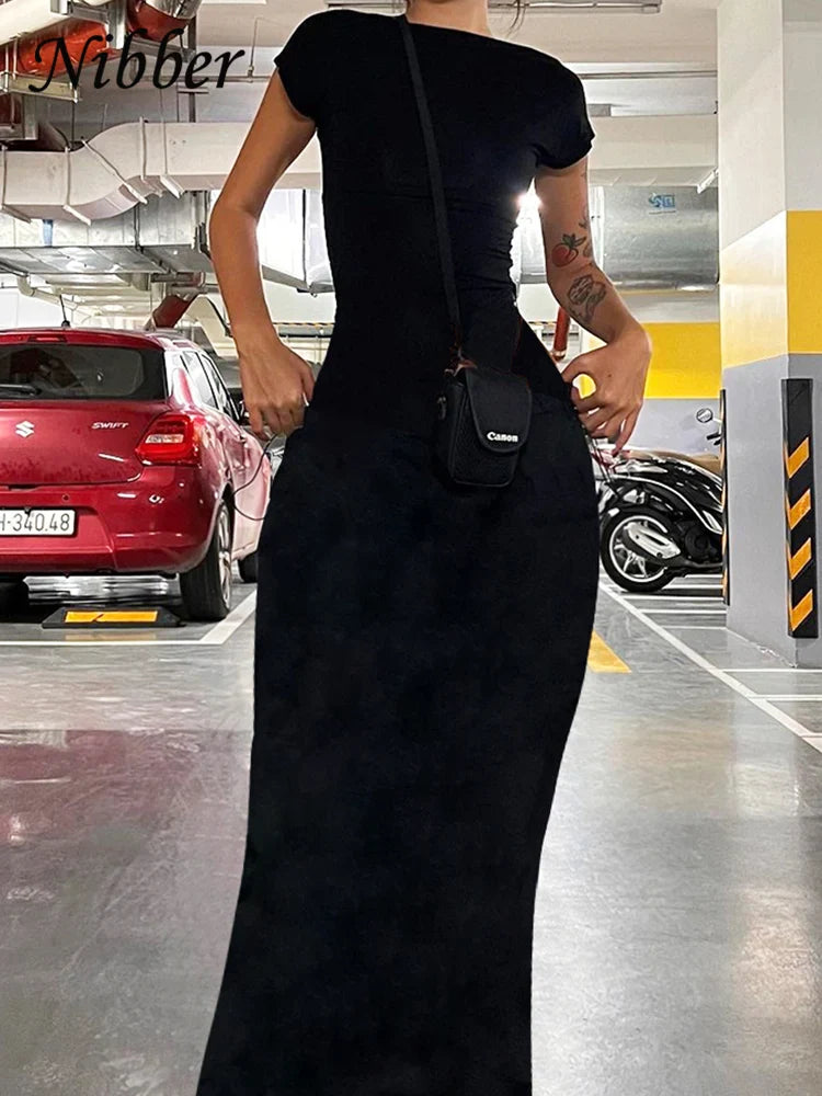 Elegant Solid Black Backless Maxi Dress for Women with Slim Fit Short Sleeves and Bodycon Style