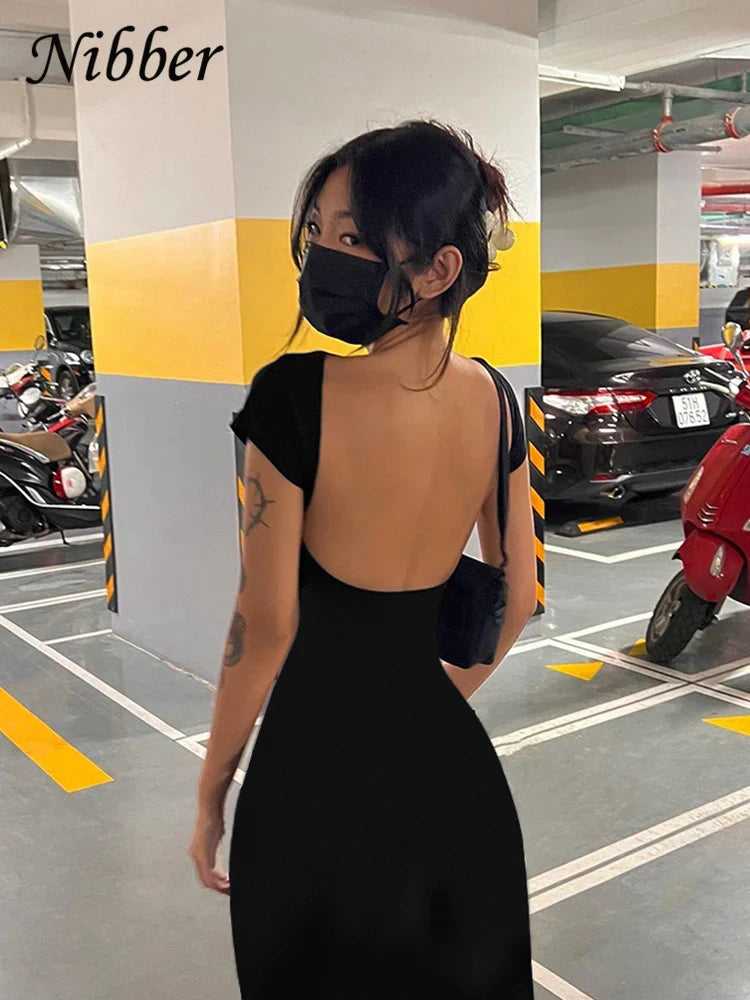 Elegant Solid Black Backless Maxi Dress for Women with Slim Fit Short Sleeves and Bodycon Style