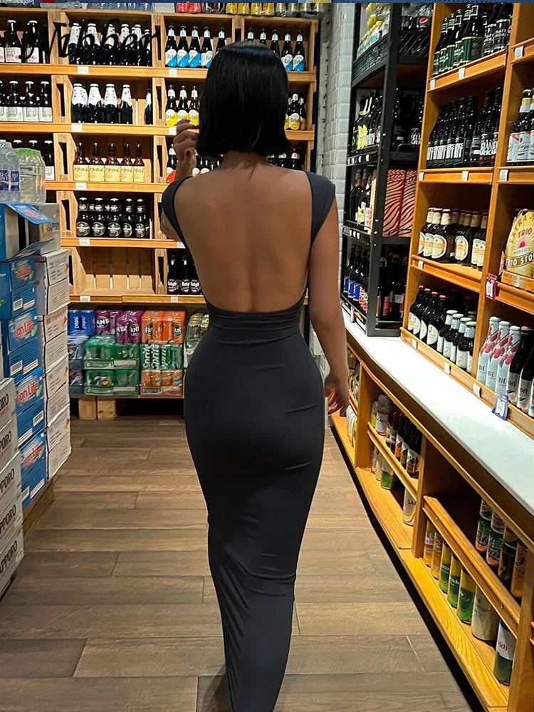 Elegant Solid Black Backless Maxi Dress for Women with Slim Fit Short Sleeves and Bodycon Style