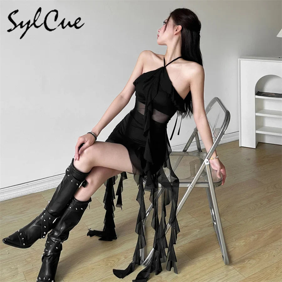 Elegant Women's Short Neck Ruffled Tassel Dress with Sweet Gentle Sexy Mature Charm for Party and Special Occasions