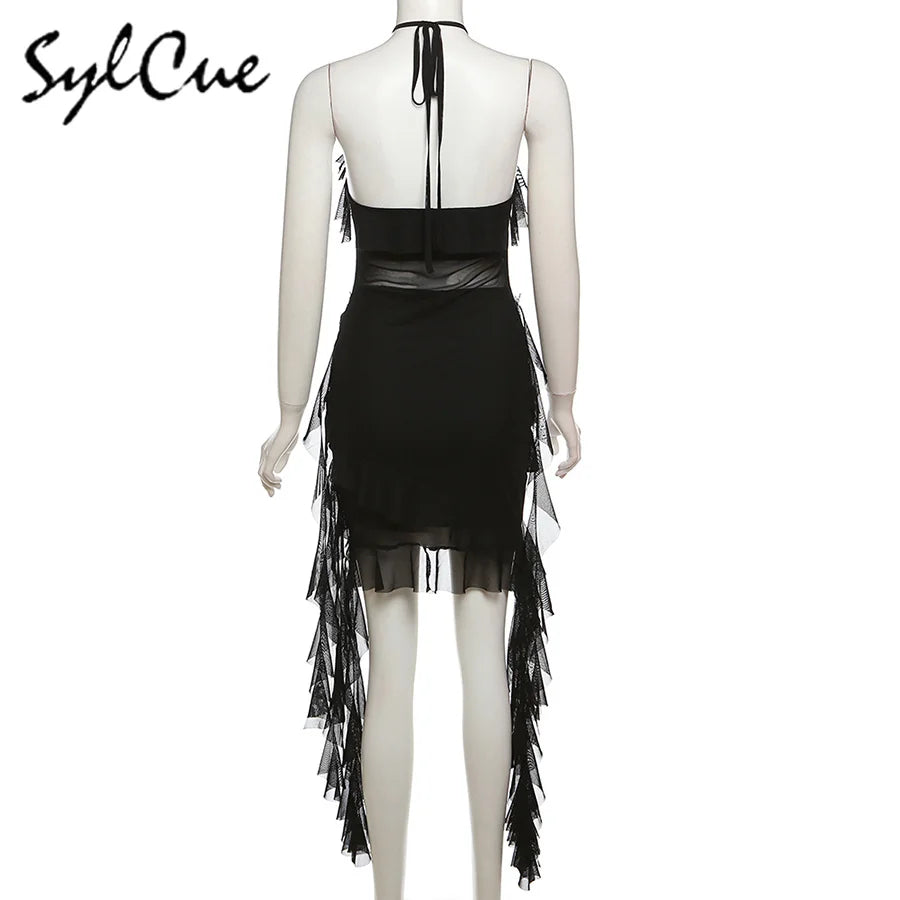 Elegant Women's Short Neck Ruffled Tassel Dress with Sweet Gentle Sexy Mature Charm for Party and Special Occasions