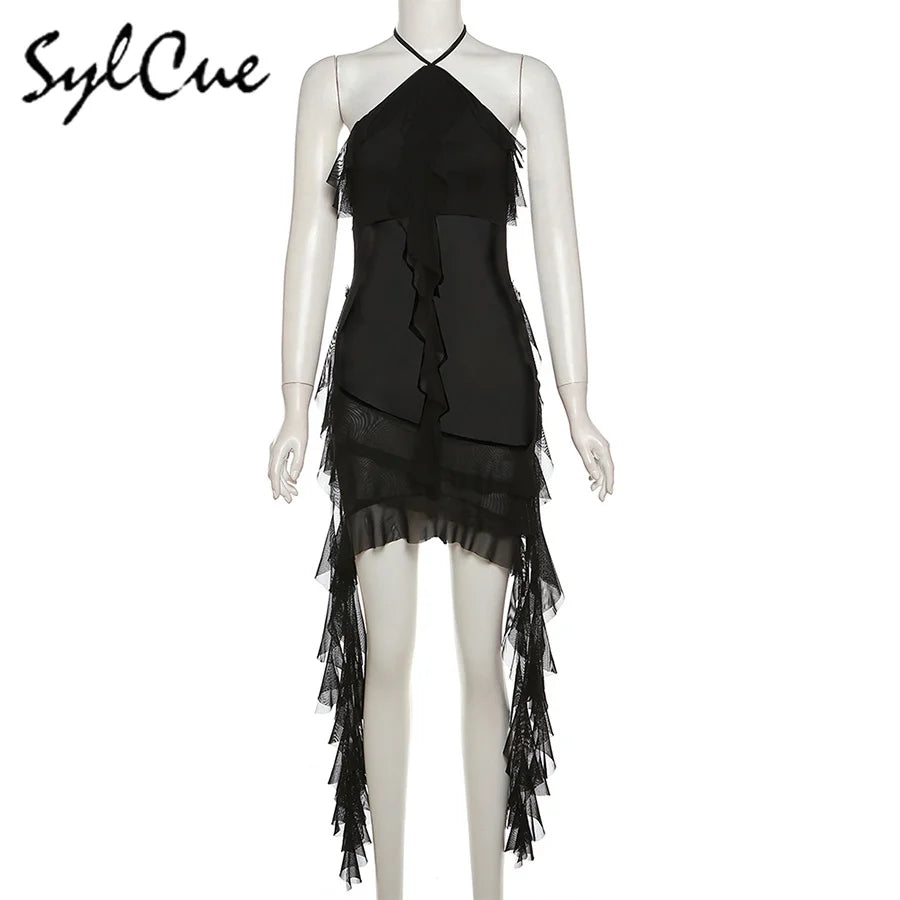 Elegant Women's Short Neck Ruffled Tassel Dress with Sweet Gentle Sexy Mature Charm for Party and Special Occasions