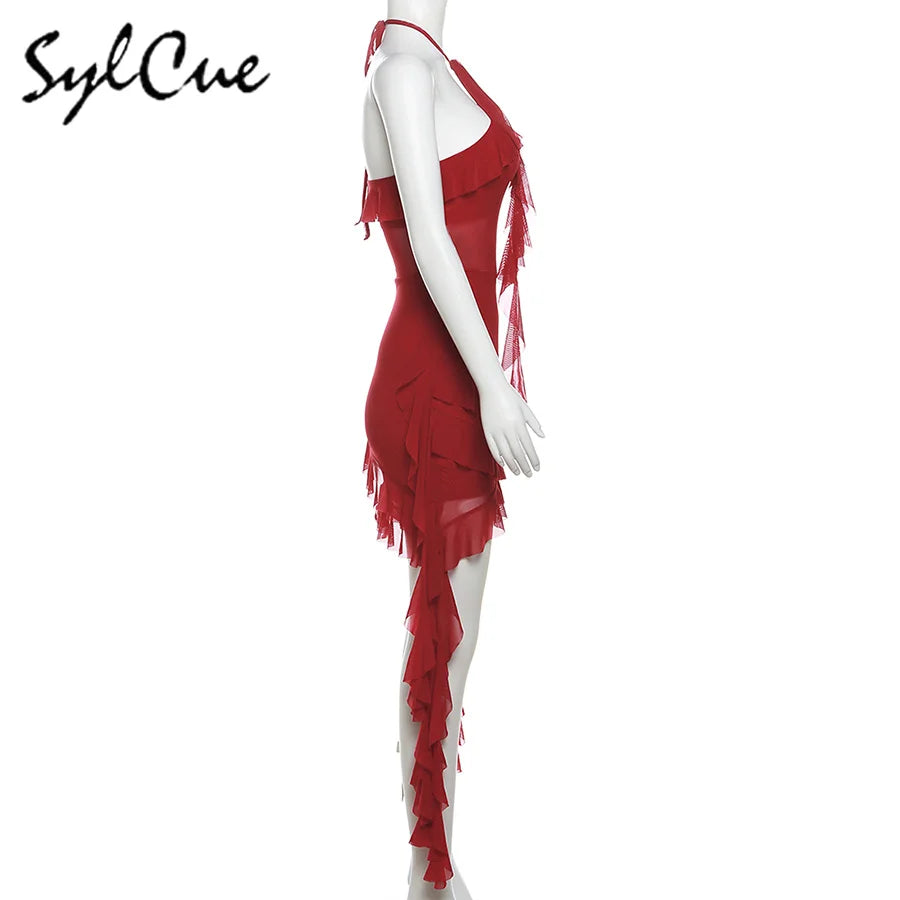 Elegant Women's Short Neck Ruffled Tassel Dress with Sweet Gentle Sexy Mature Charm for Party and Special Occasions