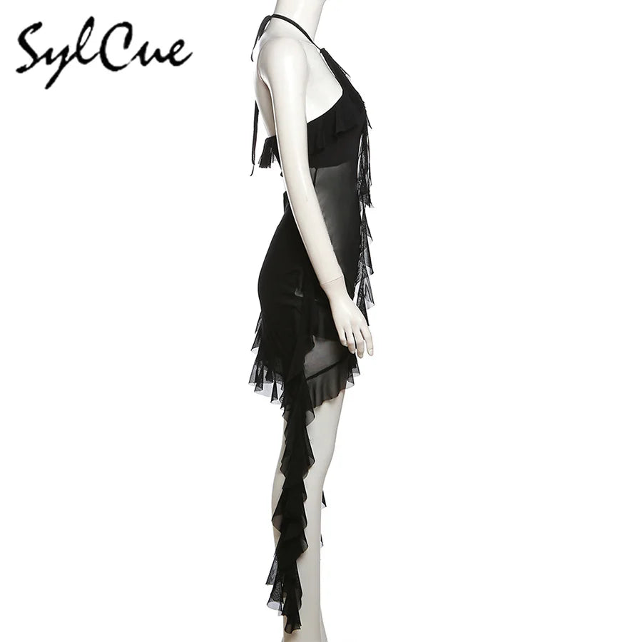 Elegant Women's Short Neck Ruffled Tassel Dress with Sweet Gentle Sexy Mature Charm for Party and Special Occasions