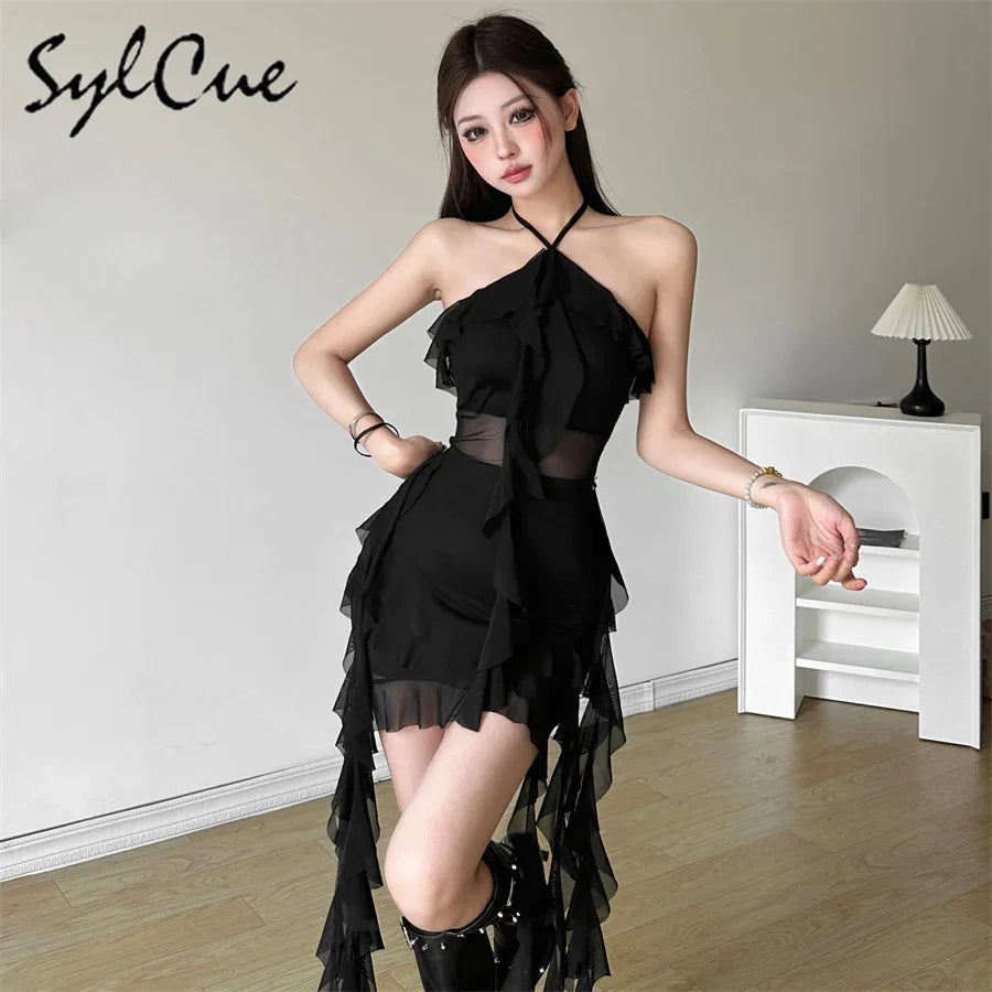 Elegant Women's Short Neck Ruffled Tassel Dress with Sweet Gentle Sexy Mature Charm for Party and Special Occasions