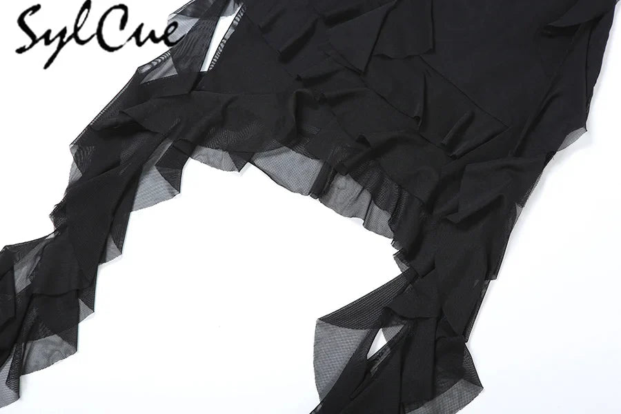 Elegant Women's Short Neck Ruffled Tassel Dress with Sweet Gentle Sexy Mature Charm for Party and Special Occasions