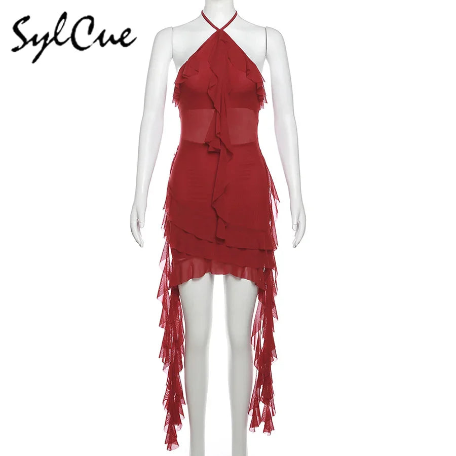 Elegant Women's Short Neck Ruffled Tassel Dress with Sweet Gentle Sexy Mature Charm for Party and Special Occasions