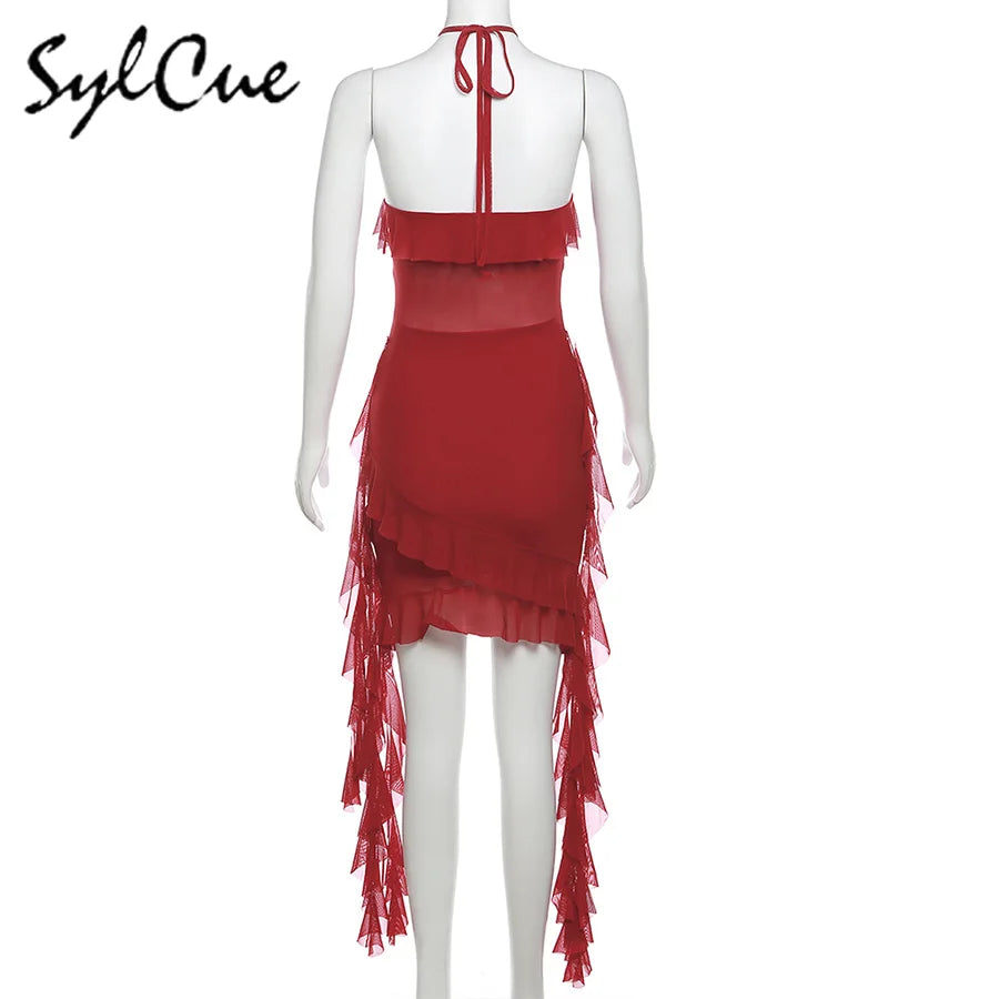 Elegant Women's Short Neck Ruffled Tassel Dress with Sweet Gentle Sexy Mature Charm for Party and Special Occasions