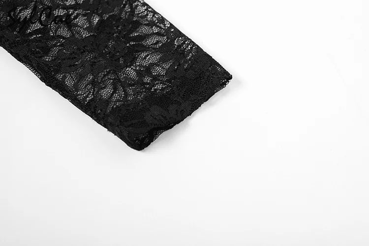 Black Mysterious Lace Stitching Long Sleeve Short Dress with Fishbone Detailing for Elegant and Sexy Winter Wear