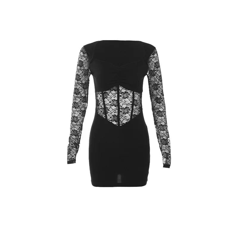 Black Mysterious Lace Stitching Long Sleeve Short Dress with Fishbone Detailing for Elegant and Sexy Winter Wear