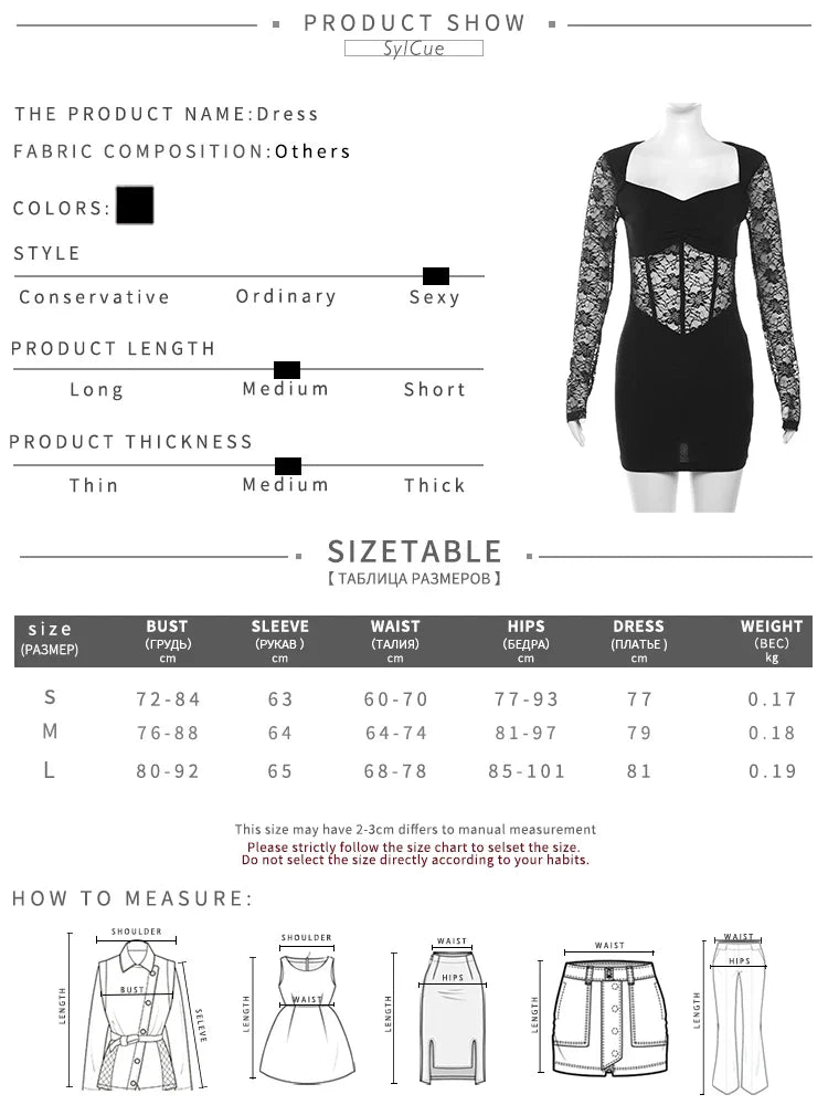 Black Mysterious Lace Stitching Long Sleeve Short Dress with Fishbone Detailing for Elegant and Sexy Winter Wear