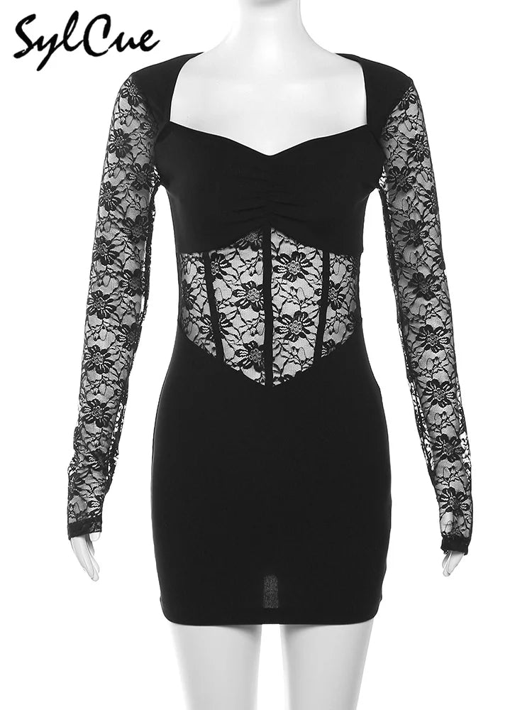 Black Mysterious Lace Stitching Long Sleeve Short Dress with Fishbone Detailing for Elegant and Sexy Winter Wear