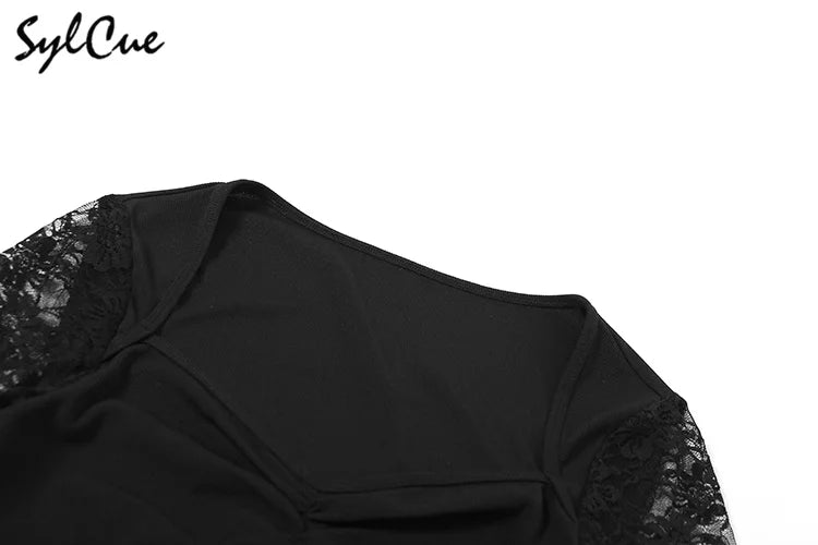 Black Mysterious Lace Stitching Long Sleeve Short Dress with Fishbone Detailing for Elegant and Sexy Winter Wear