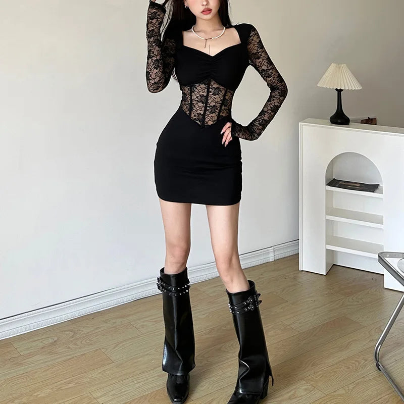 Black Mysterious Lace Stitching Long Sleeve Short Dress with Fishbone Detailing for Elegant and Sexy Winter Wear