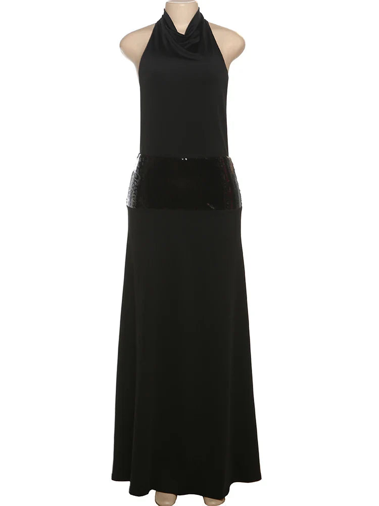 Elegant Backless Sequin Dress for Women with Halter Neck and Pile Collar, Slim Fit Summer Evening Gown