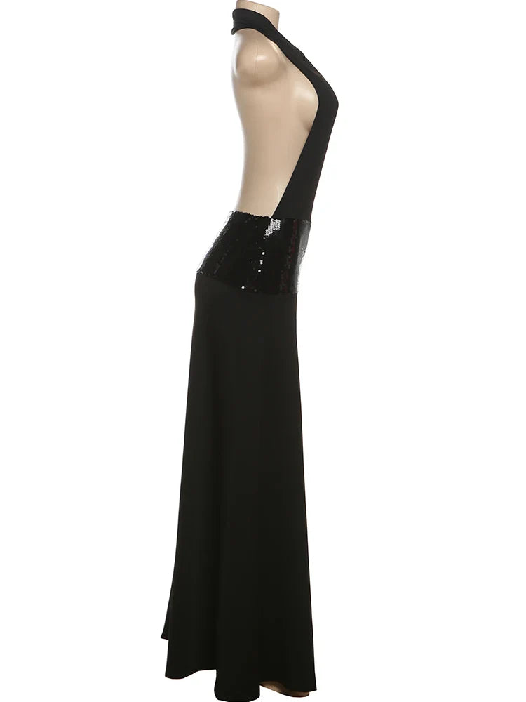 Elegant Backless Sequin Dress for Women with Halter Neck and Pile Collar, Slim Fit Summer Evening Gown