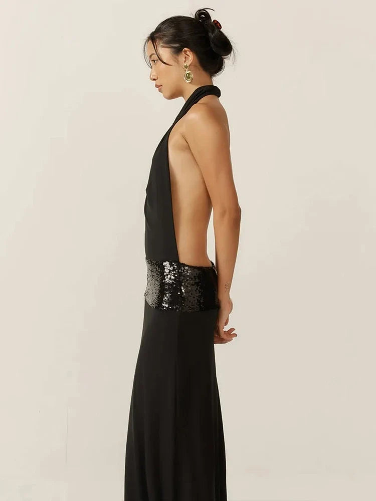 Elegant Backless Sequin Dress for Women with Halter Neck and Pile Collar, Slim Fit Summer Evening Gown