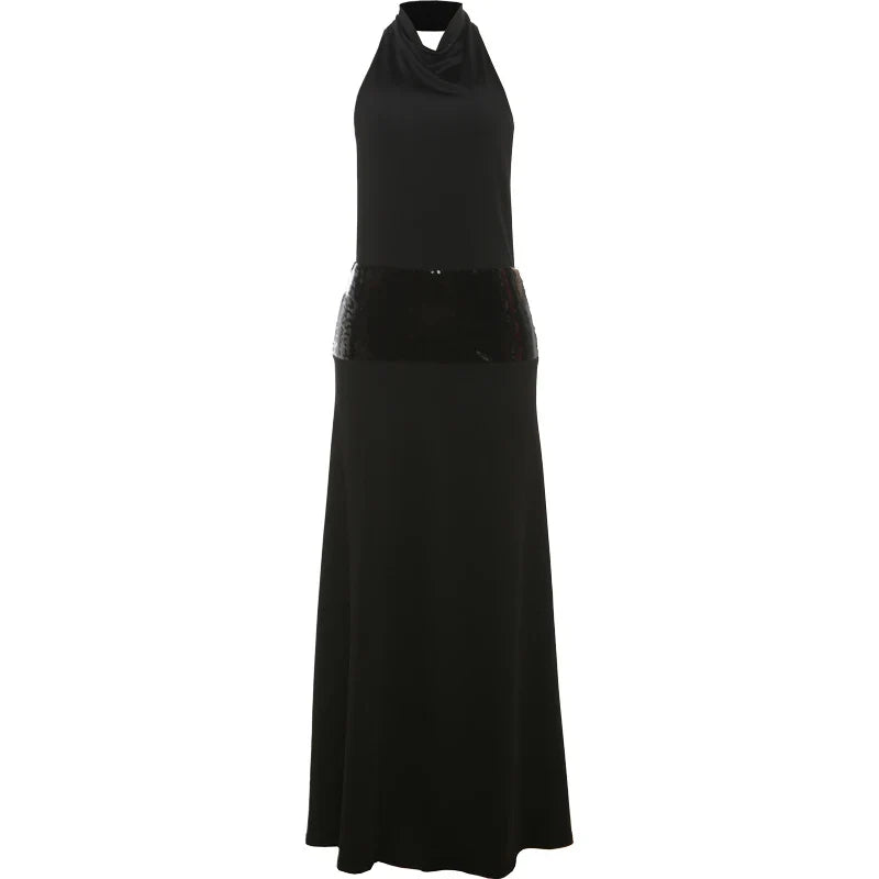 Elegant Backless Sequin Dress for Women with Halter Neck and Pile Collar, Slim Fit Summer Evening Gown