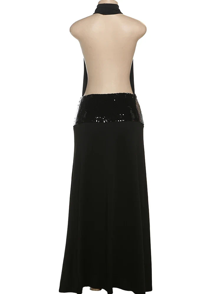 Elegant Backless Sequin Dress for Women with Halter Neck and Pile Collar, Slim Fit Summer Evening Gown