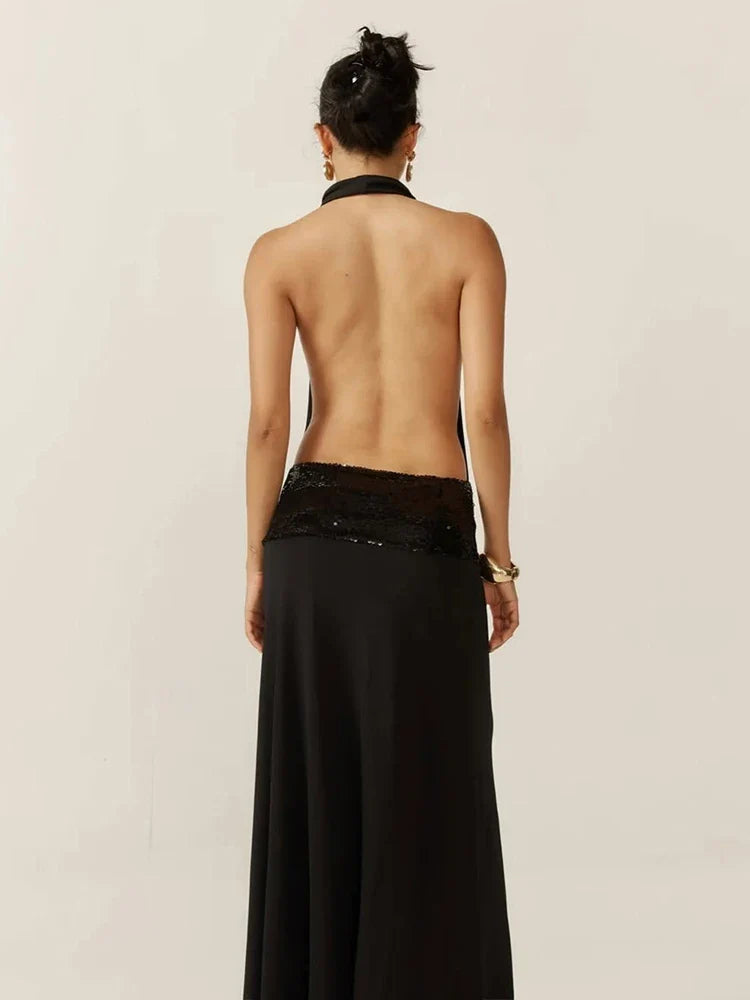 Elegant Backless Sequin Dress for Women with Halter Neck and Pile Collar, Slim Fit Summer Evening Gown