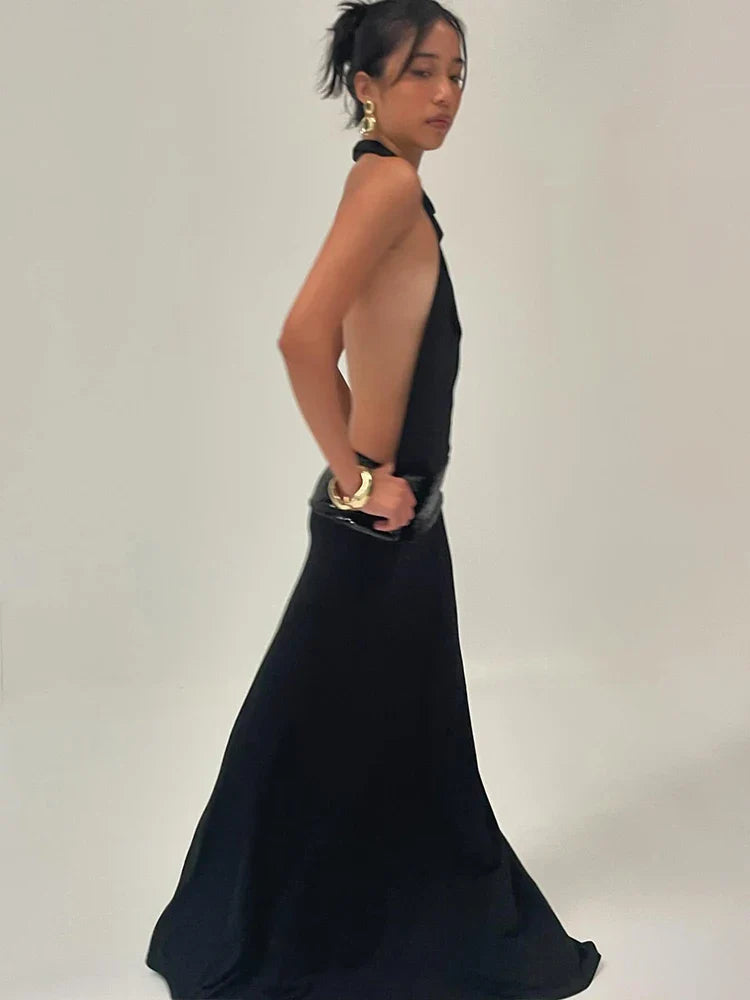 Elegant Backless Sequin Dress for Women with Halter Neck and Pile Collar, Slim Fit Summer Evening Gown
