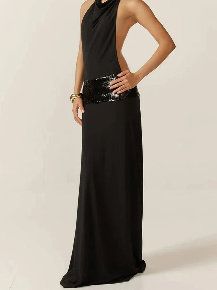 Elegant Backless Sequin Dress for Women with Halter Neck and Pile Collar, Slim Fit Summer Evening Gown
