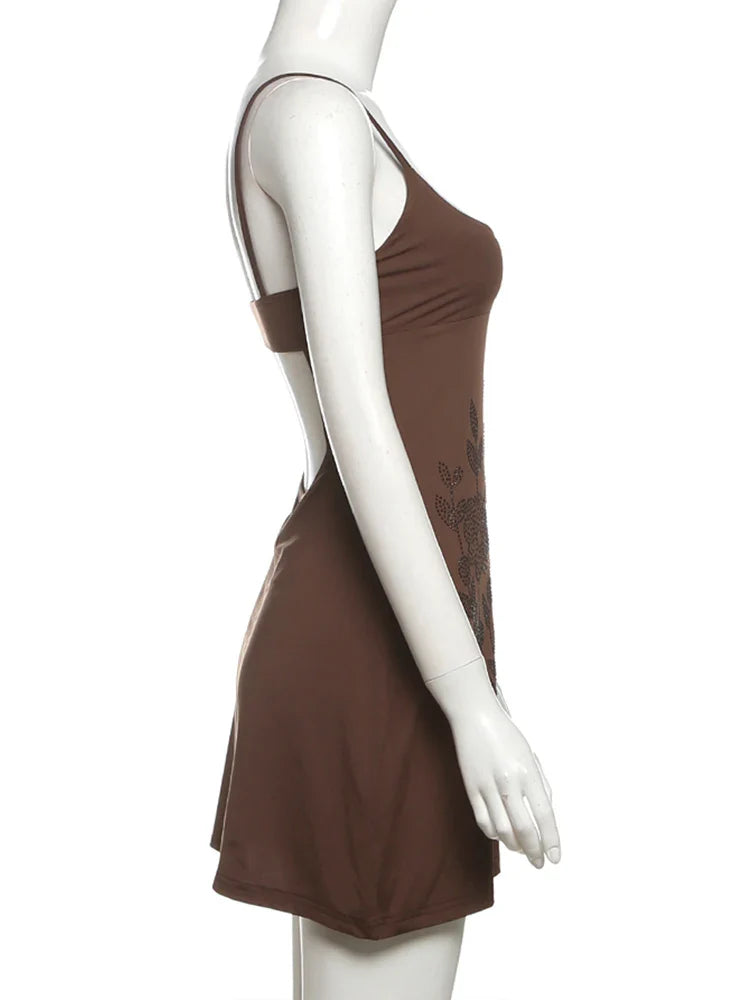 Elegant Backless Sundress with Fake Diamond Stickers and Floral Details for Sexy Summer Wear