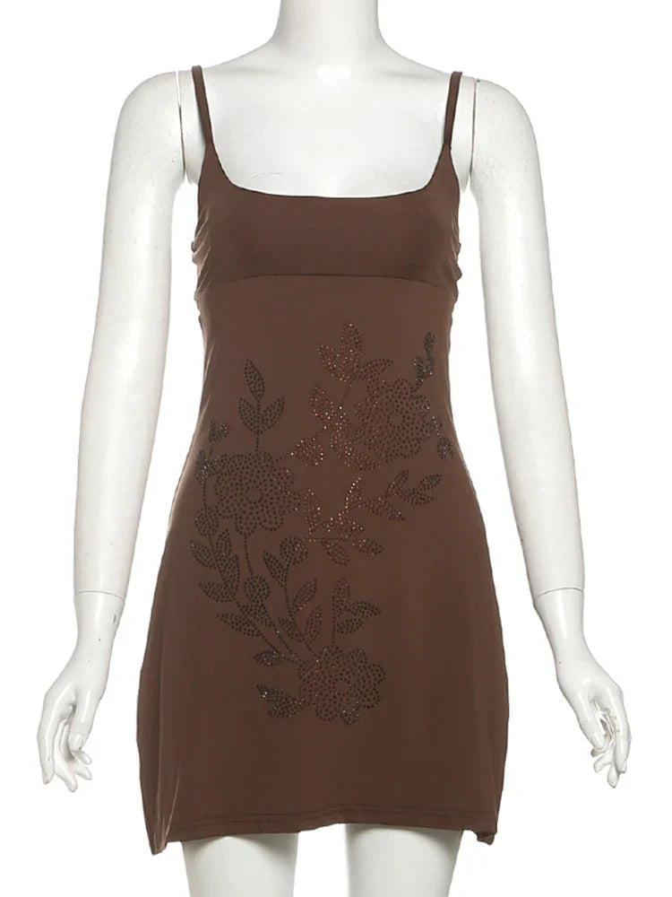 Elegant Backless Sundress with Fake Diamond Stickers and Floral Details for Sexy Summer Wear