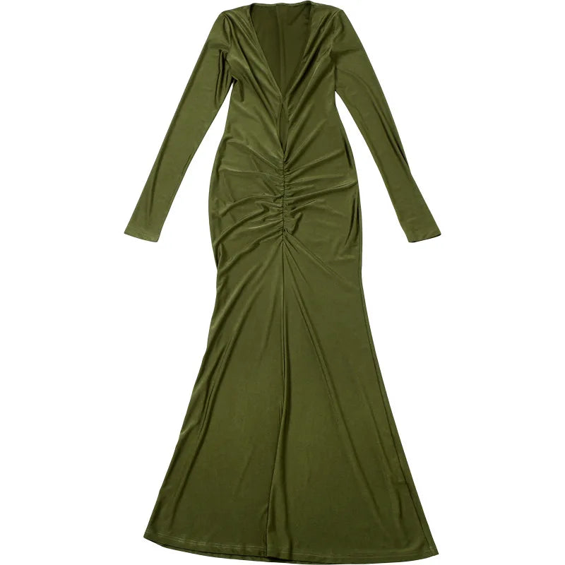 Elegant High Street Women Dress with Sexy Low Neck Hollow Design Full Sleeve Body-Shaping Solid Evening Wear