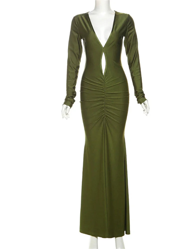 Elegant High Street Women Dress with Sexy Low Neck Hollow Design Full Sleeve Body-Shaping Solid Evening Wear