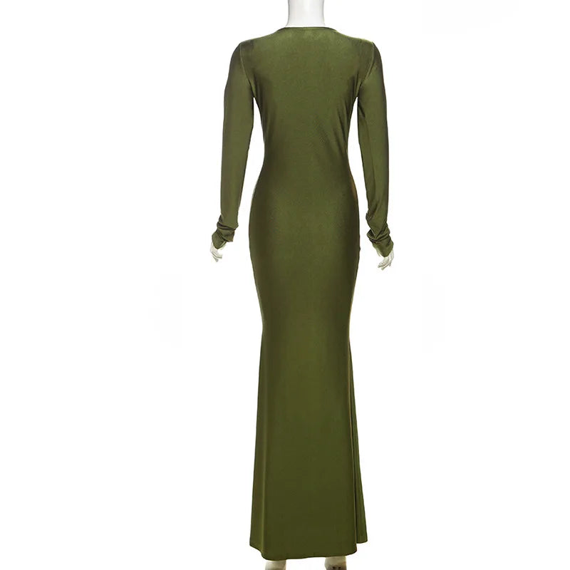 Elegant High Street Women Dress with Sexy Low Neck Hollow Design Full Sleeve Body-Shaping Solid Evening Wear